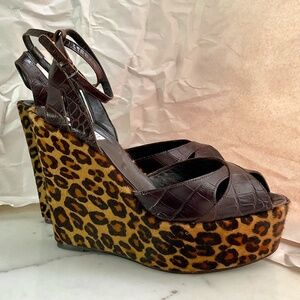 BARNEY'S Co-op Alligator Embossed Chocolate Leather Hair On Leopard Print 41 NWT